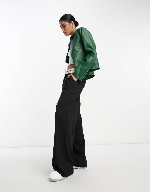 Contrast Stitching PU Jacket Green