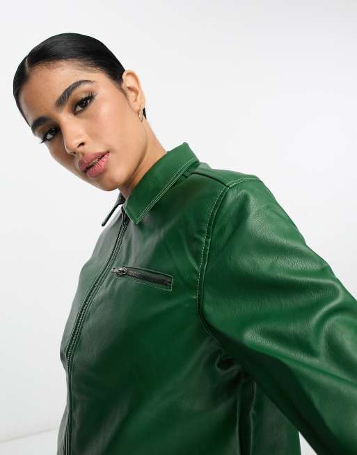 NA-KD contrast stitch faux leather jacket in green