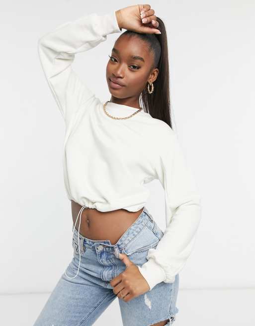 NA-KD cotton cropped drawstring sweatshirt in off white - GREY