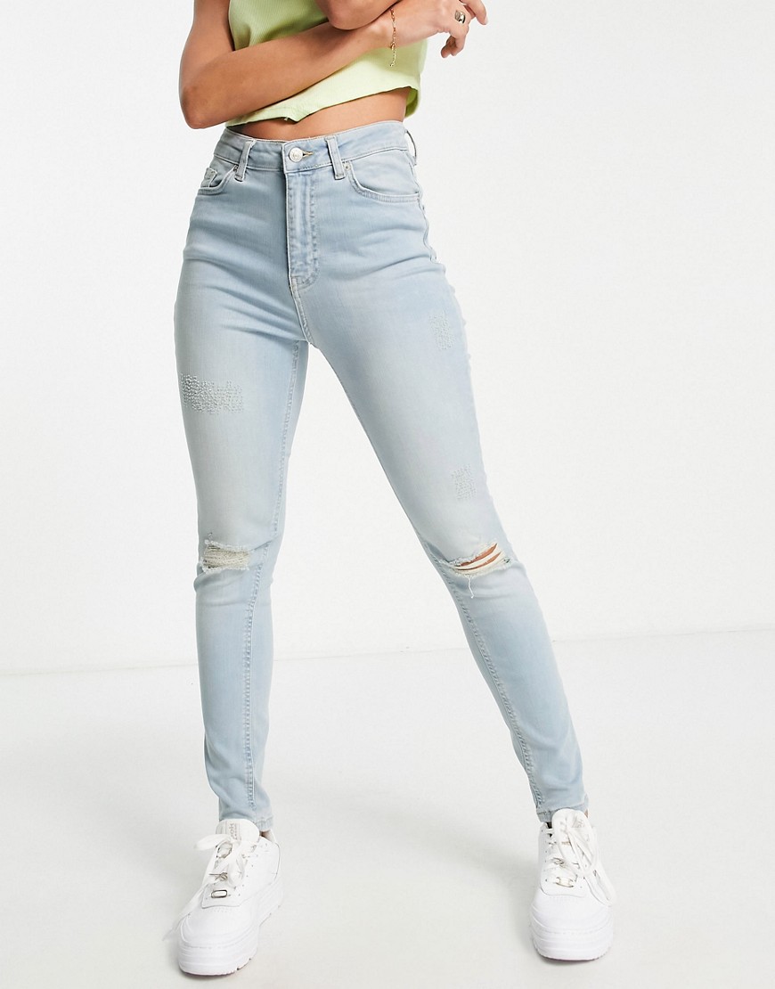 NA-KD cotton high waist skinny ripped jean in light blue - LBLUE