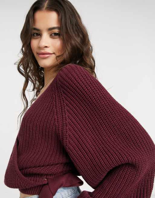 NA KD cotton knitted wrap sweater in burgundy