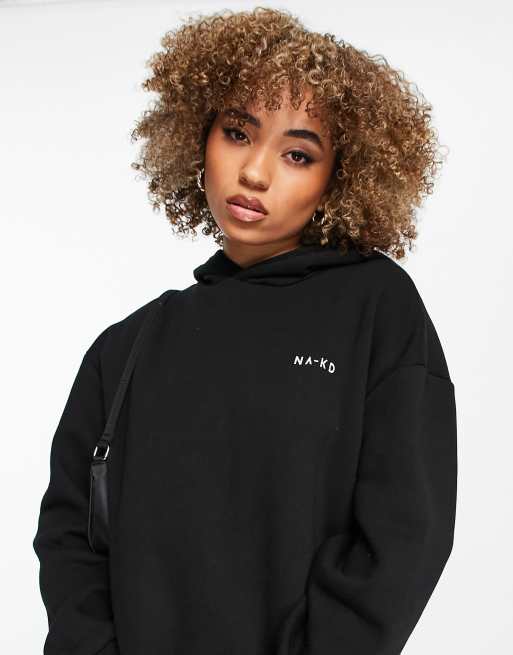 NA-KD cotton logo print oversized hoodie in black - BLACK