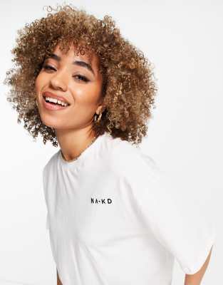 NA-KD cotton logo print oversized T-shirt in white - WHITE