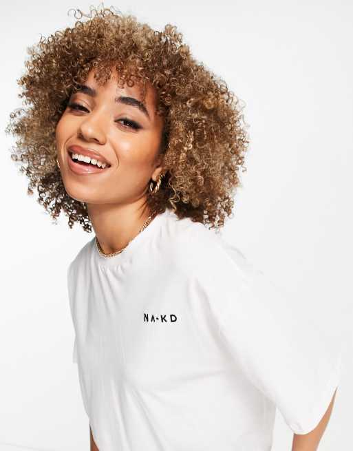 NA KD cotton logo print oversized T shirt in white WHITE