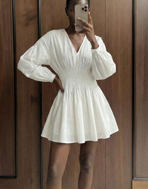 NA-KD Cotton long sleeve pintuck mini dress in white