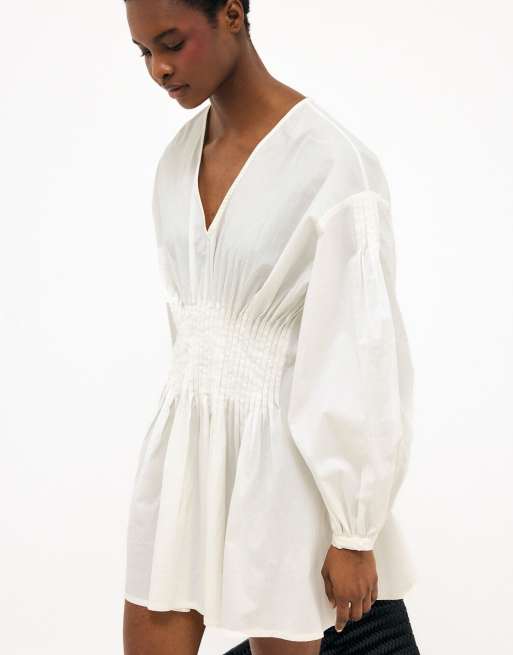 NA-KD Cotton long sleeve pintuck mini dress in white, 2 of 5