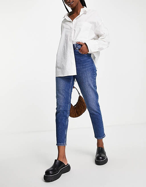 NA-KD cotton mom jeans in mid blue - MBLUE