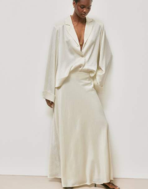 NA-KD Crinkle bias cut maxi skirt in cream - view 1