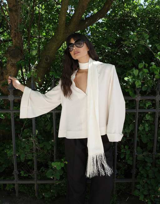 NA-KD Crinkle wide sleeve blouse in cream, 5 of 5
