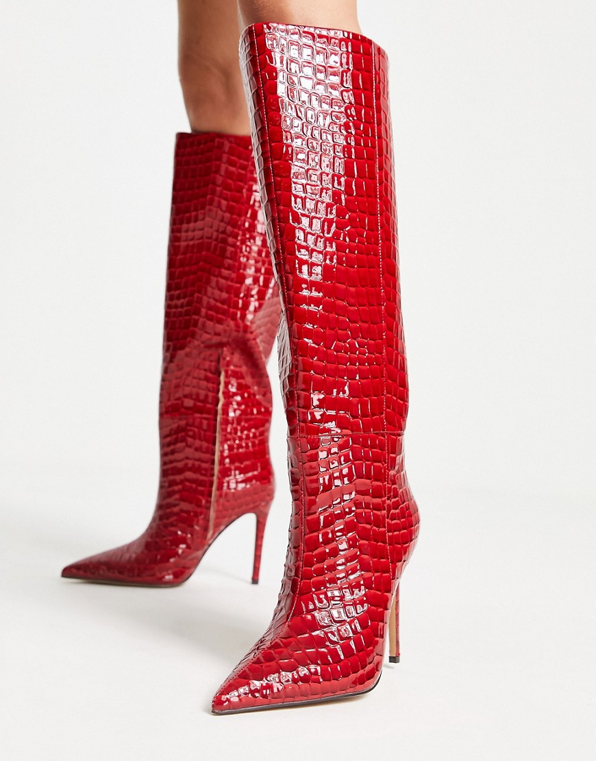 NA-KD croc print stiletto knee high boots in red