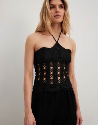 NA-KD crochet halter neck top in black