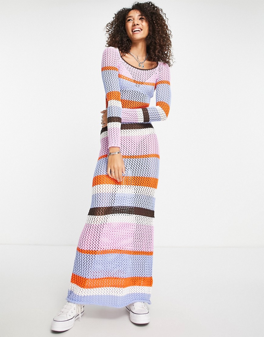NA-KD crochet knit maxi dress in stripe print-Multi