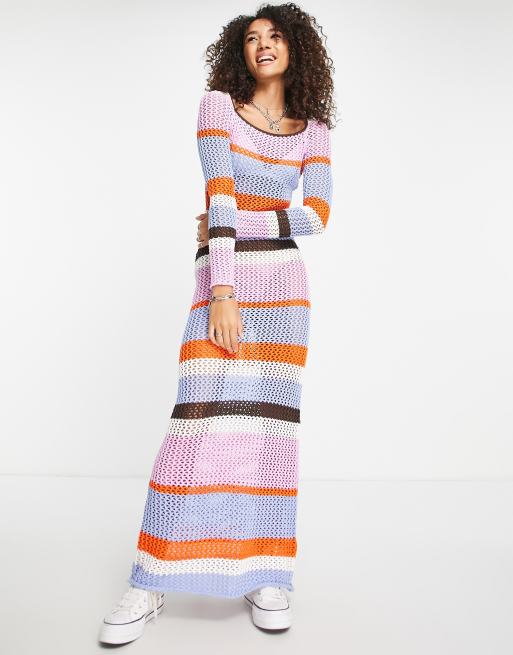 NA-KD crochet knit maxi dress in stripe print