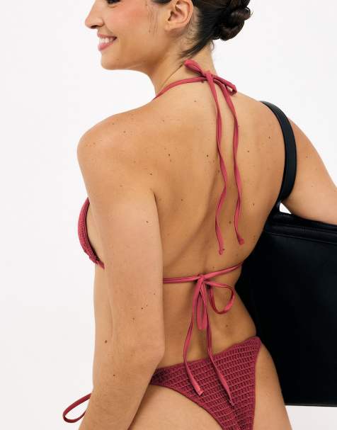 NA-KD Crochet tie strap bikini trousery in dark rust - view 1
