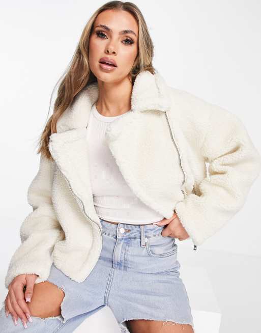 NA-KD crop teddy zip-up jacket in off white