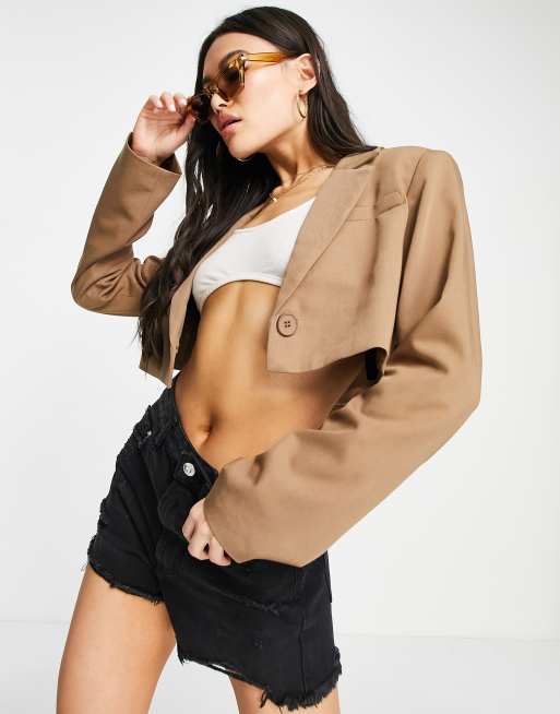 NA-KD cropped blazer in brown (part of a set)