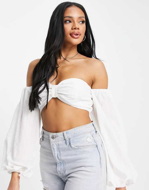 NA-KD - Cropped blouse met structuur en lange mouwen in wit