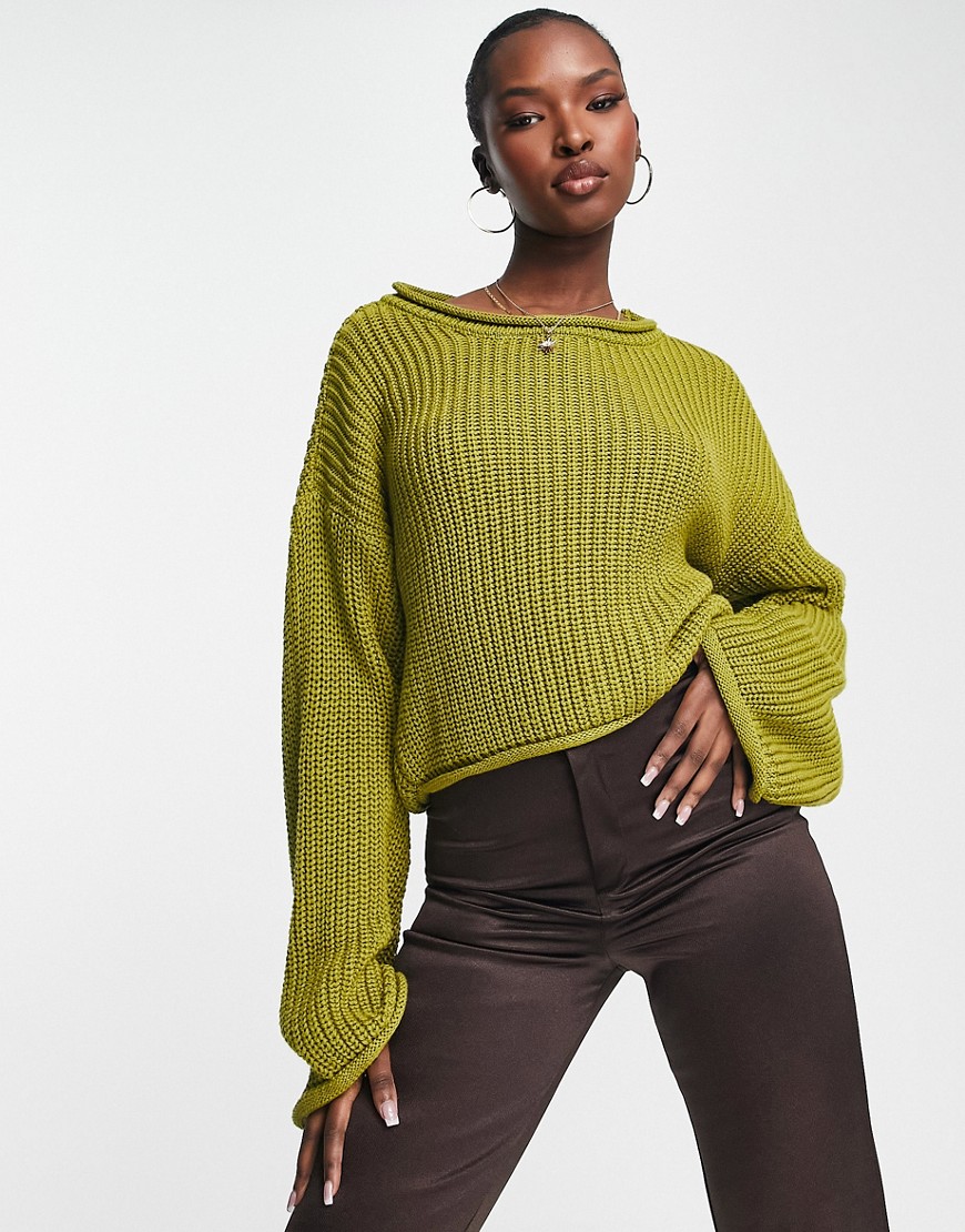 NA-KD CROPPED BOAT NECK SWEATER IN OLIVE-GREEN