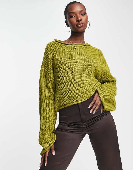 The Army Green Boat Neck Sheer Knit Top - Green Knit Long Sleeve Boat Neck  Solid Top - Army Green - Tops