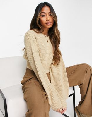 NA-KD cropped cable knit jumper in beige