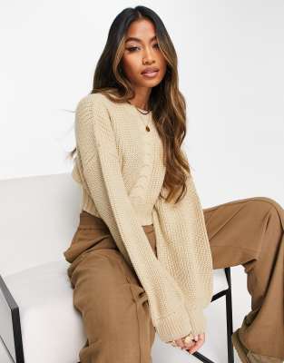 NA-KD cropped cable knit sweater in beige-Neutral