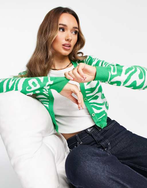 NA-KD - Cropped, gebreid vest met jacquard in groen en wit