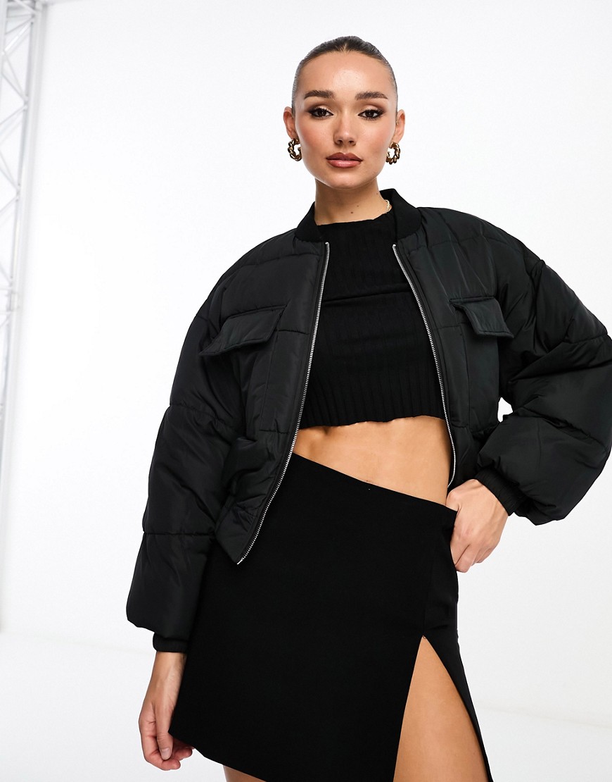 cropped puffer bomber jacket in black