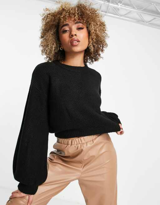 NA KD Cropped trui met ballonmouwen in zwart