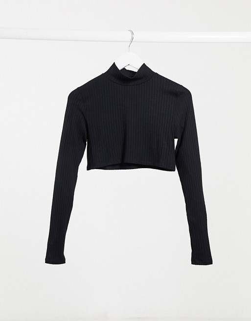 NA-KD cropped turtle neck long sleeve top in black