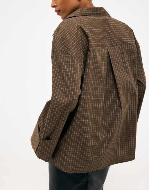 NA-KD Cuff detail oversized cotton shirt in brown check, 2 of 5