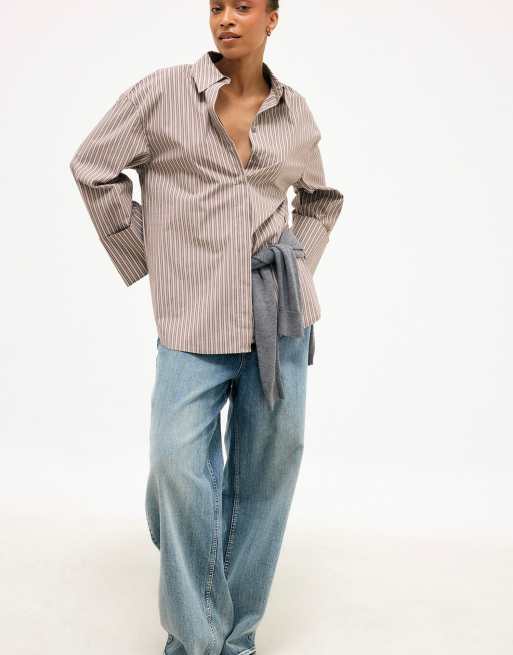 NA-KD Cuff detail oversized cotton shirt in brown stripe, 2 of 5
