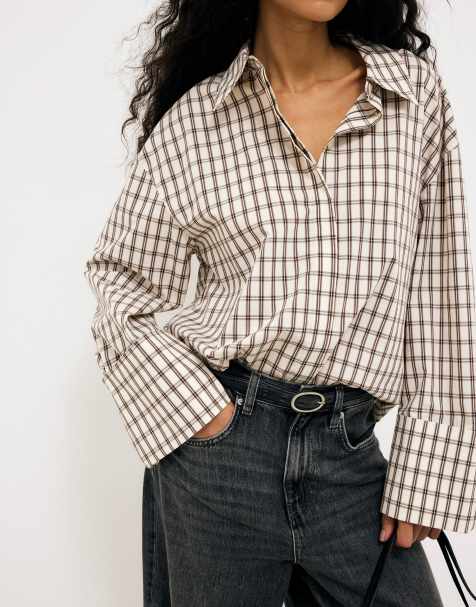 NA-KD Cuff detail oversized cotton shirt in cream check - view 1
