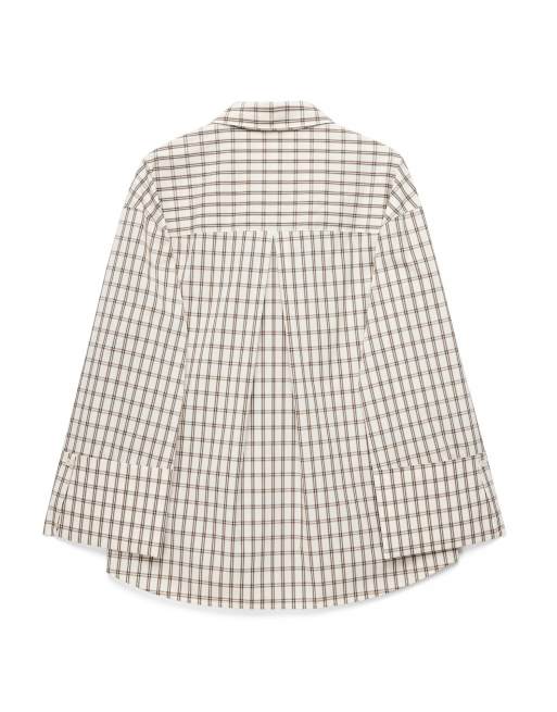 NA-KD Cuff detail oversized cotton shirt in cream check, 5 of 5