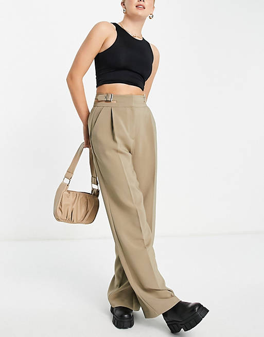  NA-KD cut out waist tailored wide leg trousers in taupe 