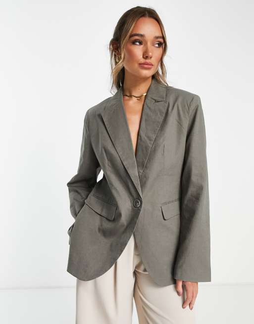 NA-KD dad oversized linen blazer in khaki - part of a set | ASOS