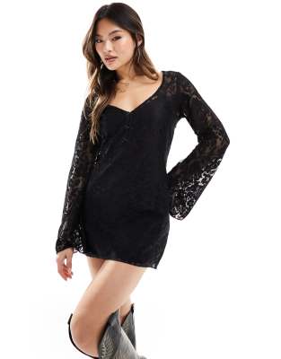 deep v neck lace mini dress in black