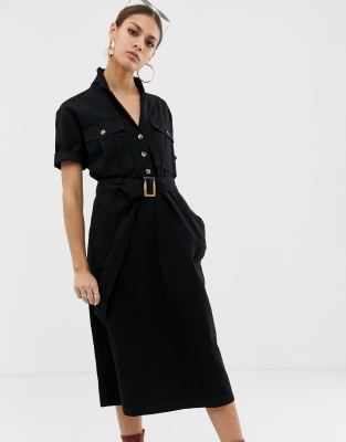 Na-kd denim utility midi dress in black 