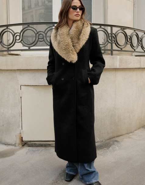 NA-KD Double breasted fur detail coat in black - view 1