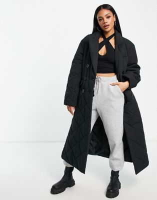 NA-KD double breasted quilted coat in black