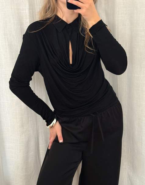 NA-KD Draped collar shirt in black