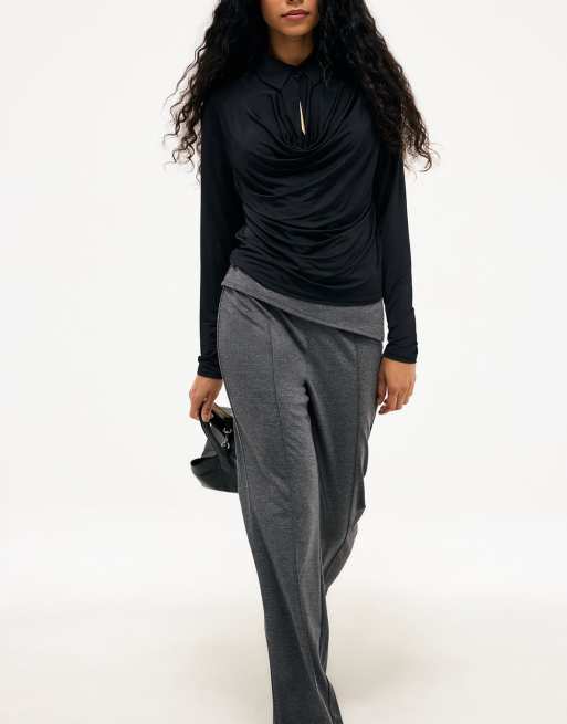 NA-KD Draped collar shirt in black, 4 of 5