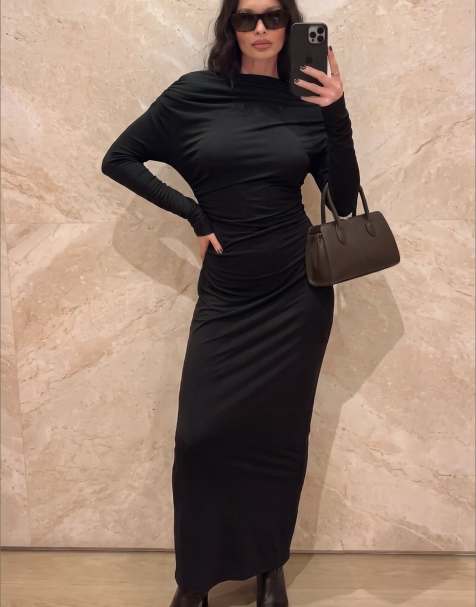 NA-KD Draped jersey maxi dress in black