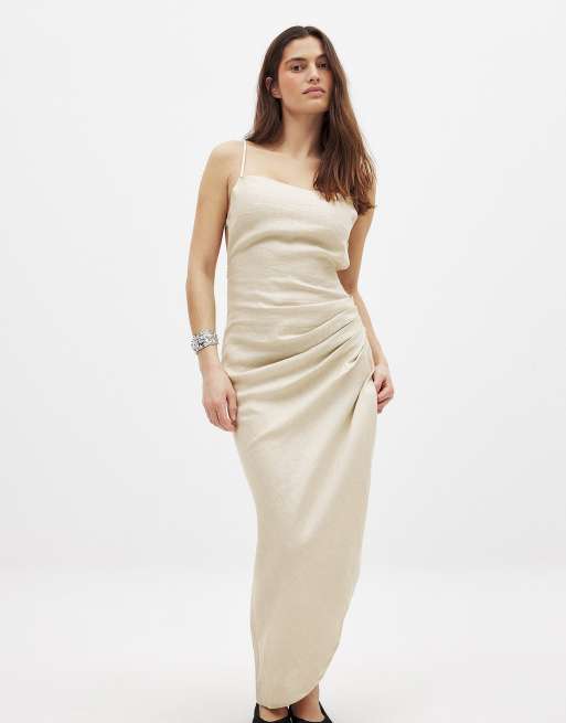 NA-KD Draped linen dress in light grey, 3 of 5