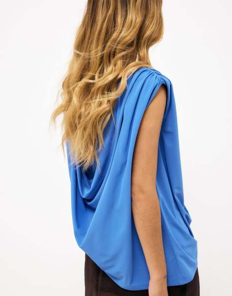 NA-KD Draped sharp shoulder top in blue - view 1