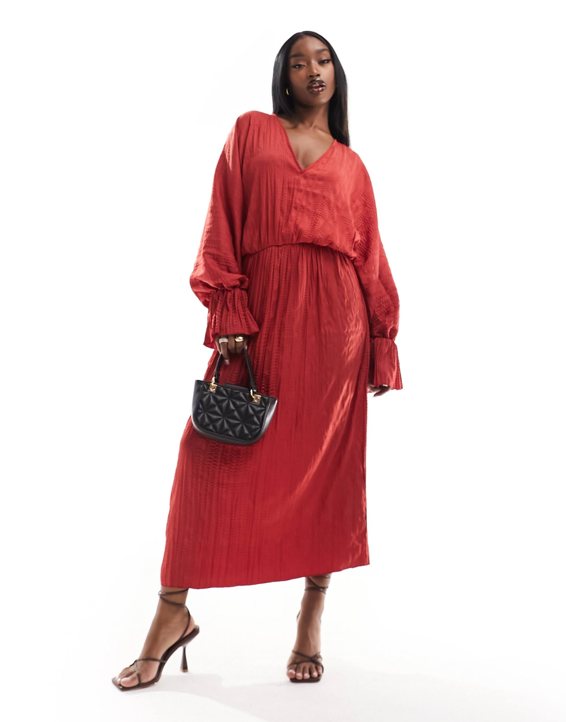 na-kd draped structured midi dress in red