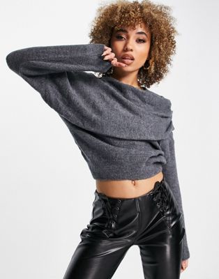 NA-KD drapped pleat knitted jumper in grey