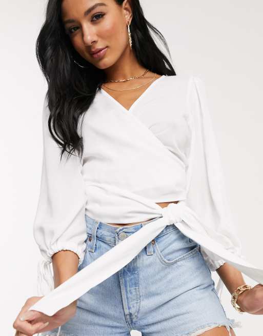 white wrap blouse long sleeve