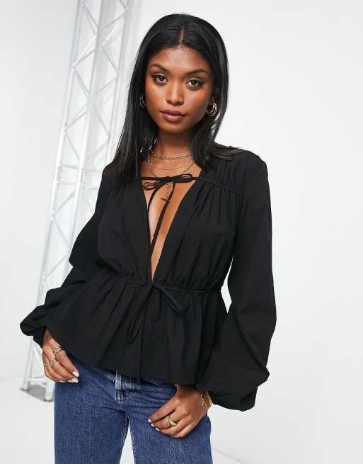 NA-KD drawstring blouse in black | ASOS