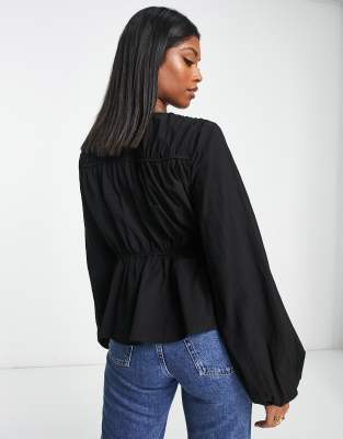 NA-KD drawstring blouse in black | ASOS