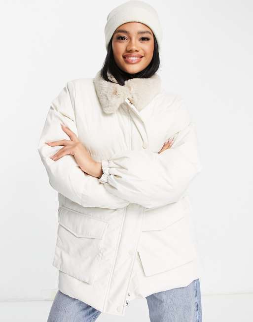 NA-KD drawstring faux fur jacket in cream